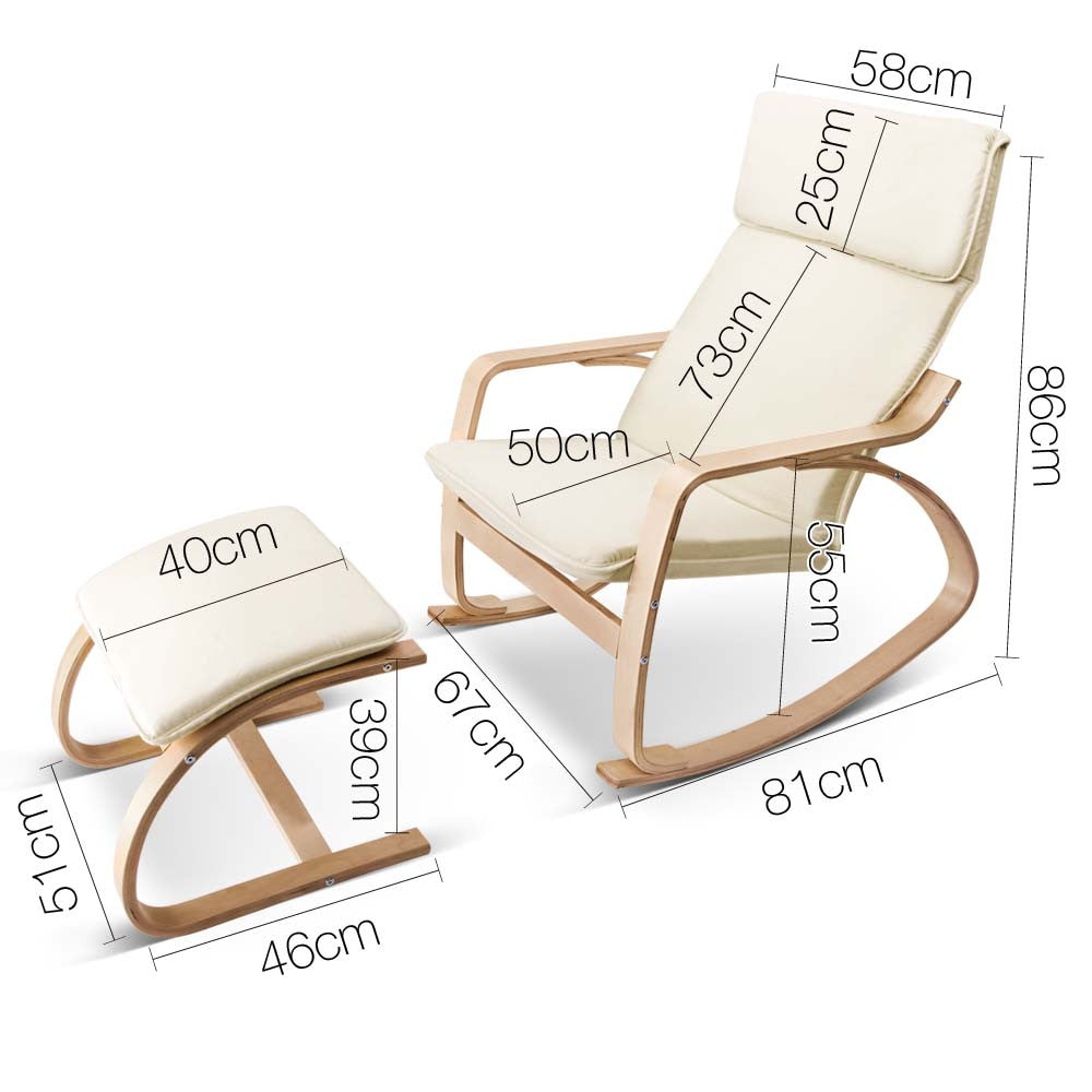 Birch Plywood Fabric Lounge Rocking Chair - Beige - with Foot Stool