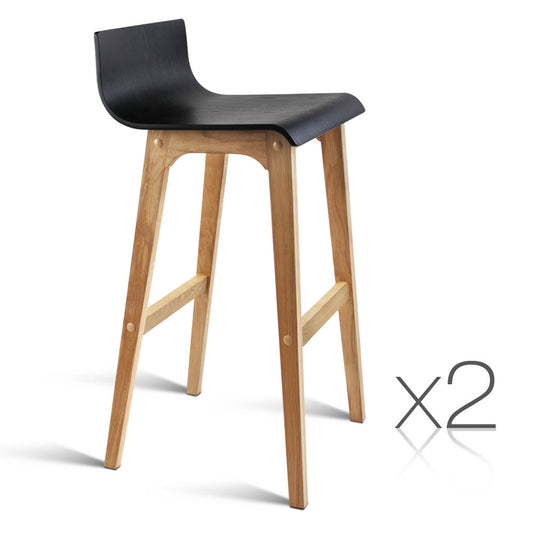 Set of 2 Oak Wood Bar Stools - Black