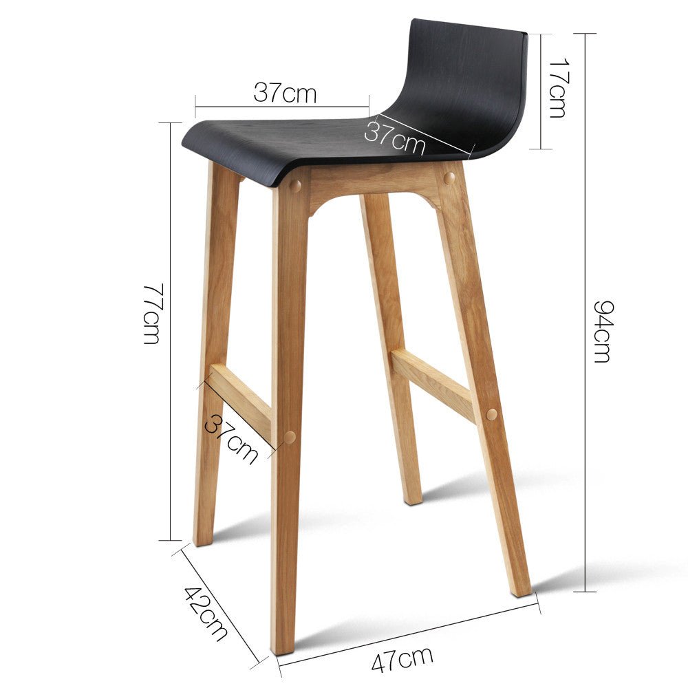 Set of 2 Oak Wood Bar Stools - Black