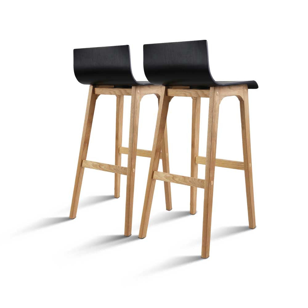 Set of 2 Oak Wood Bar Stools - Black