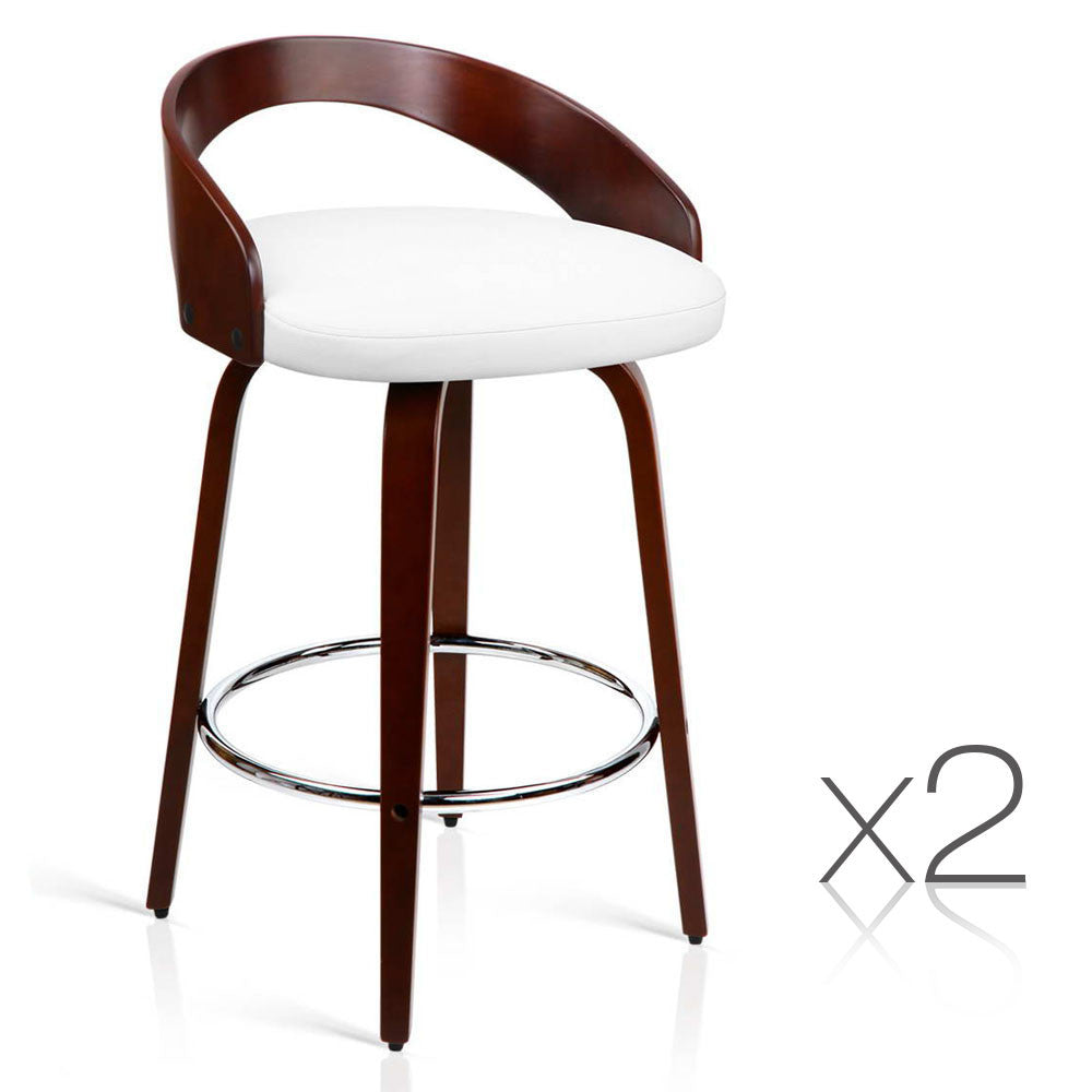 Set of 2 Cherry Wood Bar Stools with Chrome Footrest