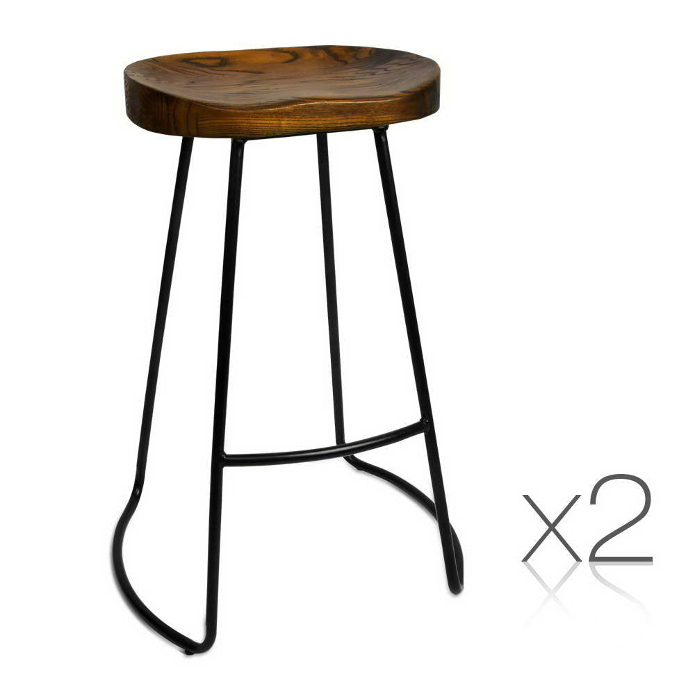 Set of 2 Steel Barstools with Wooden Seat