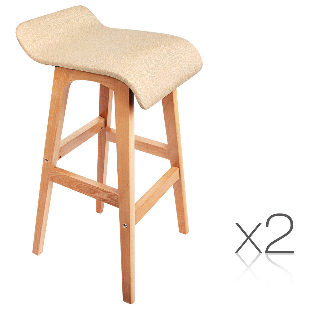 2 x Beech Wood Fabric Bar Stools - Beige