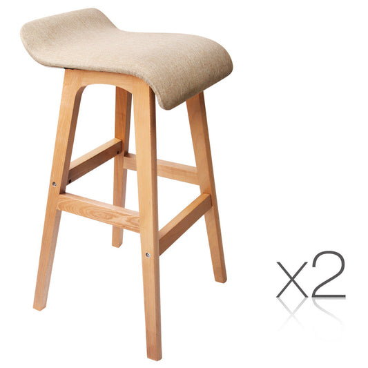 2 x Beech Wood Fabric Bar Stools - Taupe