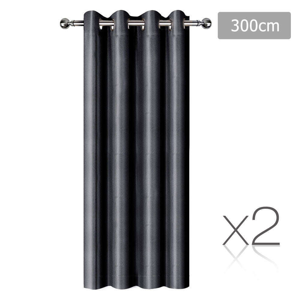 Set of 2 ArtQueen 3 Pass Eyelet Blockout Curtain Black 300cm - 260GSM