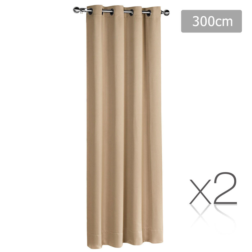 Set of 2 ArtQueen 3 Pass Eyelet Blockout Curtain Latte 300cm