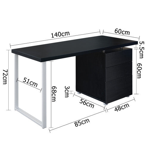 Office Study Computer Desk w/ 3 Drawer Cabinet Black