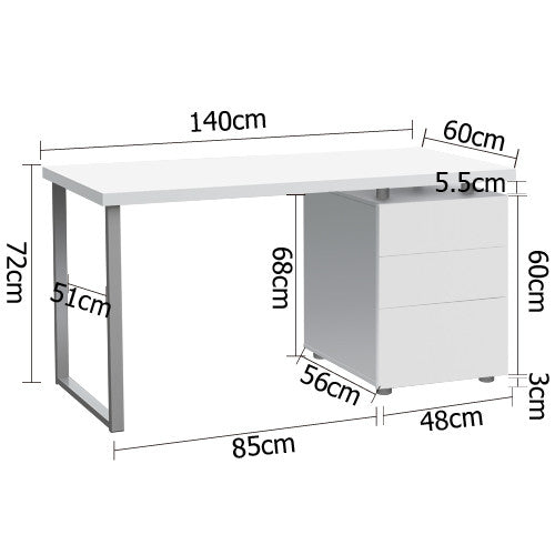 Office Study Computer Desk w/ 3 Drawer Cabinet White