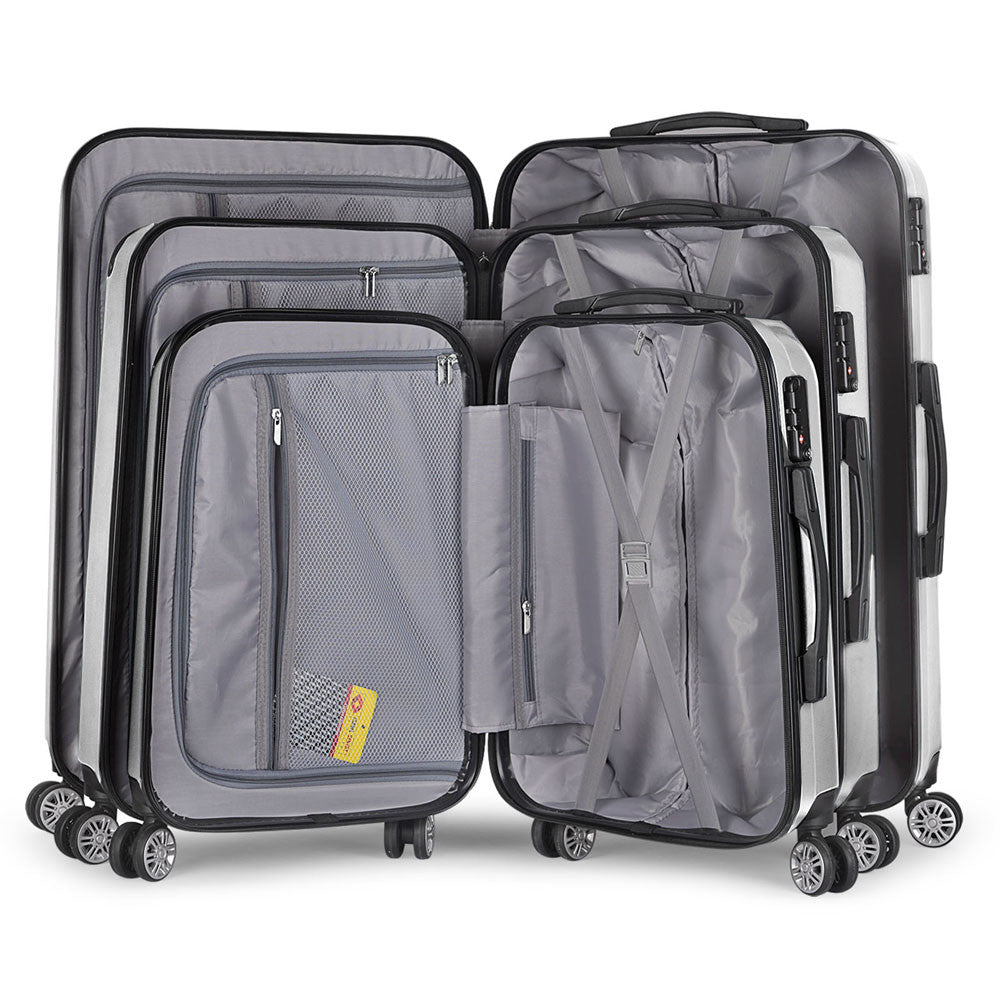 Set of 3 Hard Shell Travel Luggage with TSA Lock - Silver