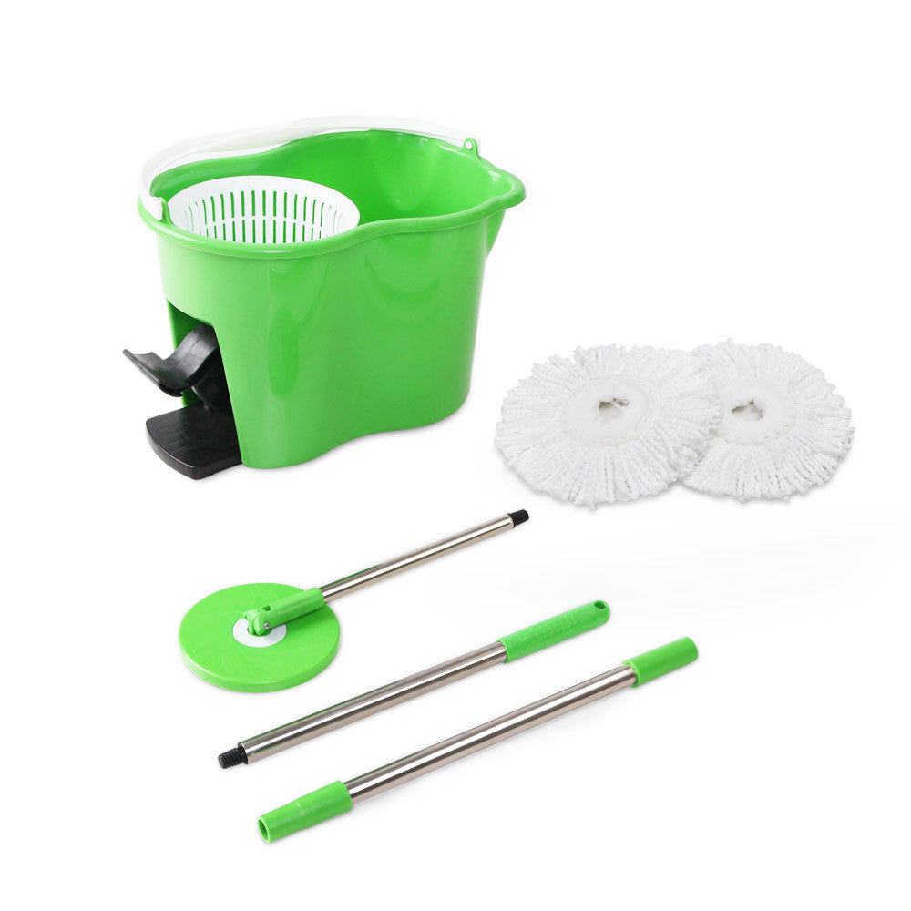 360 Degree Spinning Mop Microfibre Spin Dry Bucket with 2 Mop Heads - Green