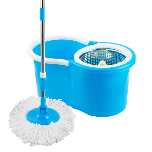 360 Degree Spinning Mop Stainless Steel Spin Dry Bucket w/ 2 Mop Heads Blue