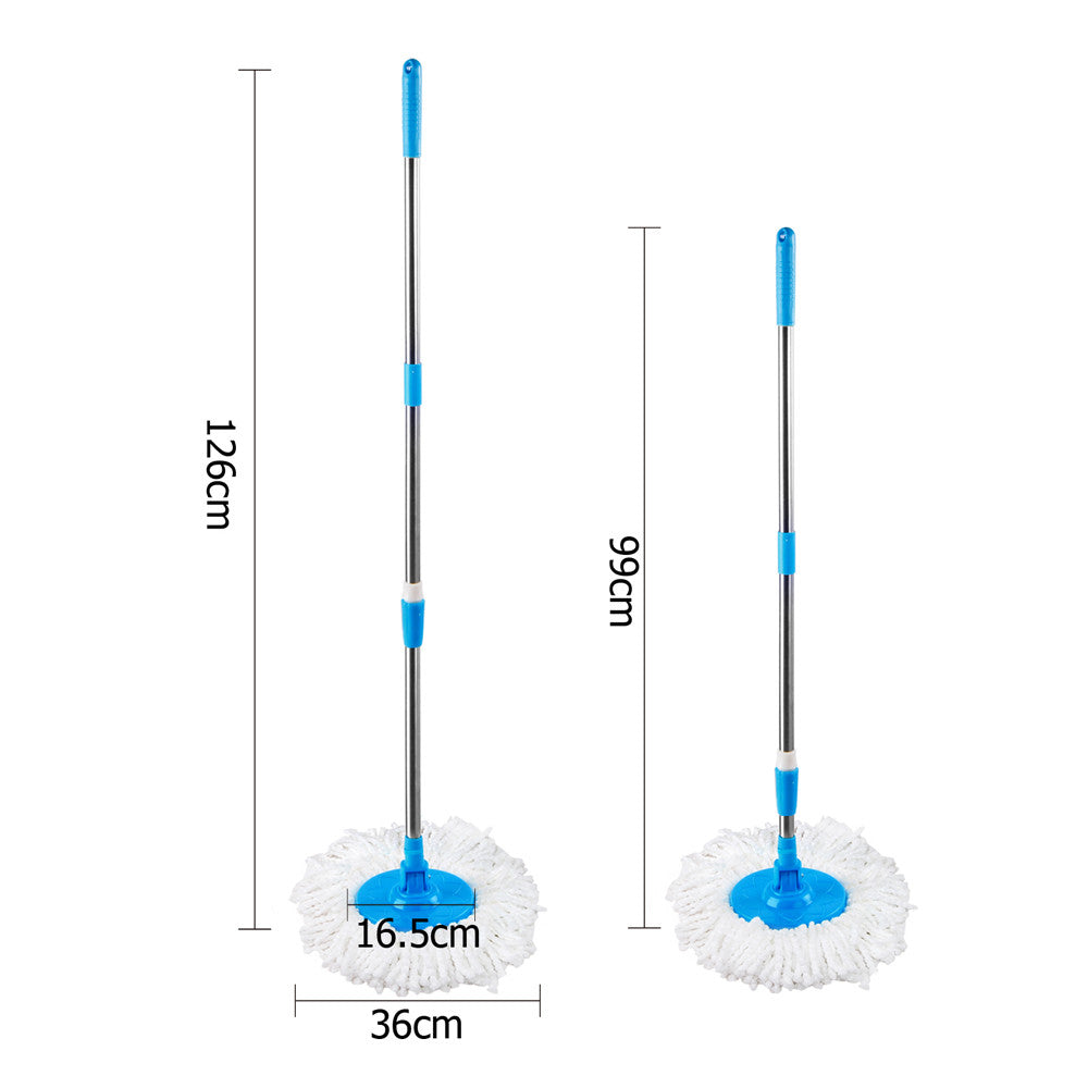 360 Degree Spinning Mop Stainless Steel Spin Dry Bucket w/ 2 Mop Heads Blue