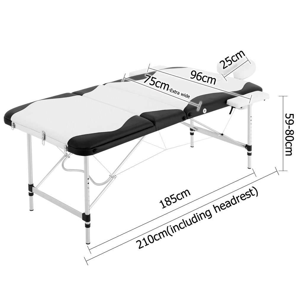 Portable Aluminium 3 Fold Massage Table Chair Bed Black White 75cm