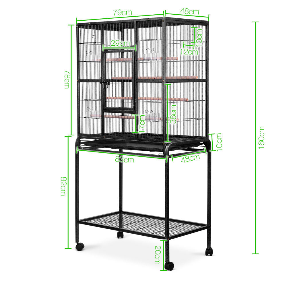 Pet Parrot Aviary Bird Cage w/ Wheels Stand 160cm Black