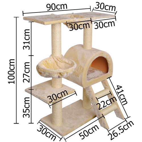 Multi Level Cat Scratching Poles Tree w/ Ladder Beige