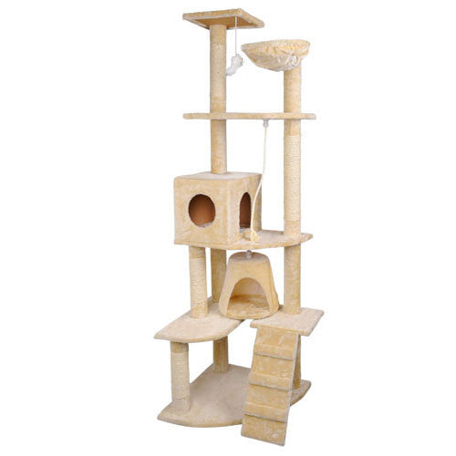 Multi Level Cat Scratching Poles Tree w/ Ladder Beige