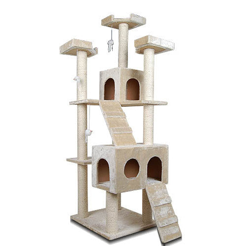 Multi Level Cat Scratching Poles Tree w/ Ladder Beige