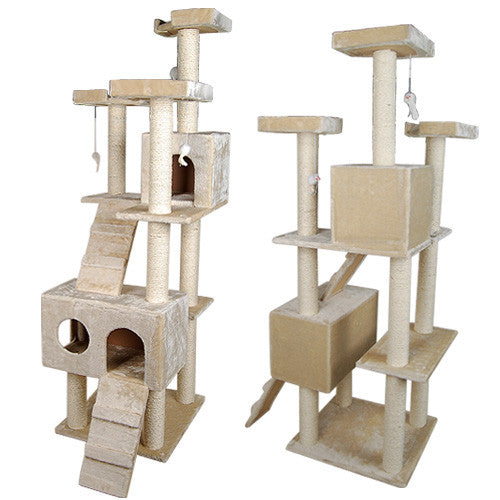 Multi Level Cat Scratching Poles Tree w/ Ladder Beige