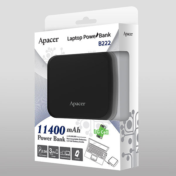 APACER mini NOTEBOOK POWER BANK B222 11400mAh with 6 tips,2x Fast USB Charger for Smart phone, Tablet etc.