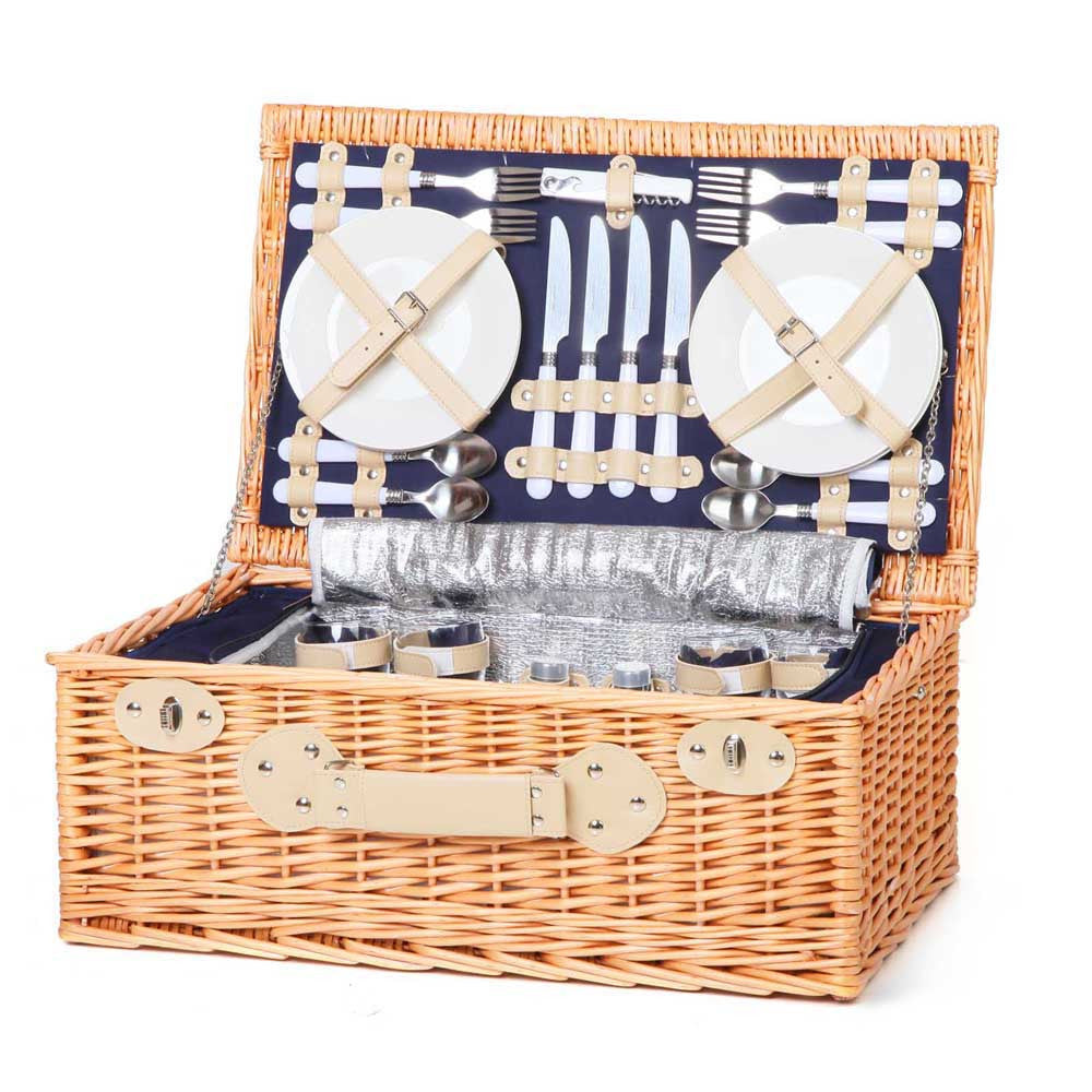 4 Person Picnic Basket Set with Cooler Bag Blanket - Navy