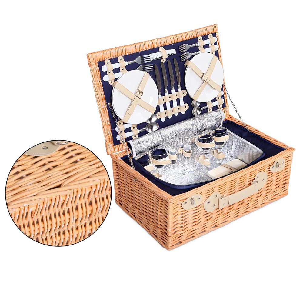 4 Person Picnic Basket Set with Cooler Bag Blanket - Navy