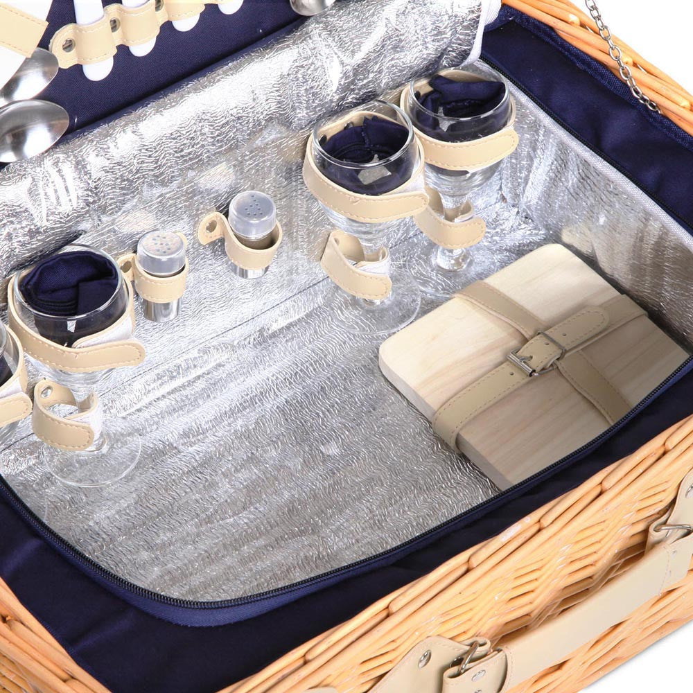 4 Person Picnic Basket Set with Cooler Bag Blanket - Navy