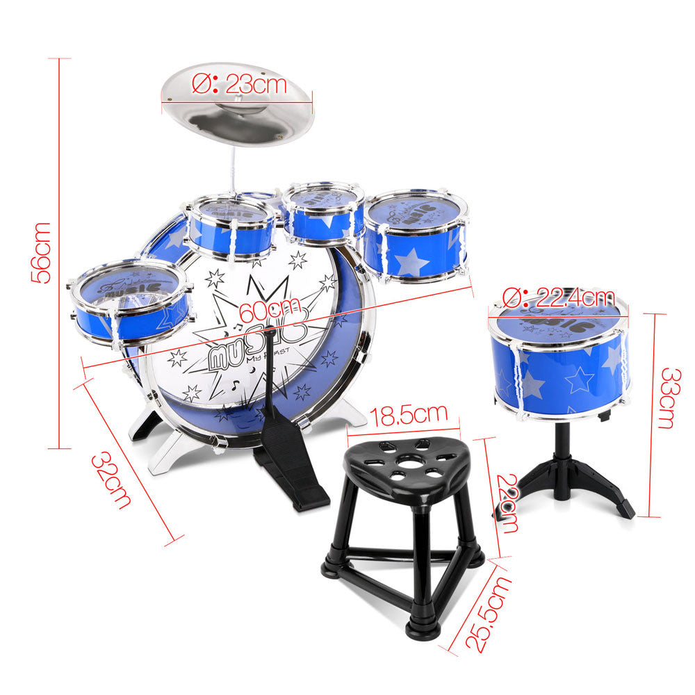 Kids Drums Play Set 8 Pcs with Seat - Blue