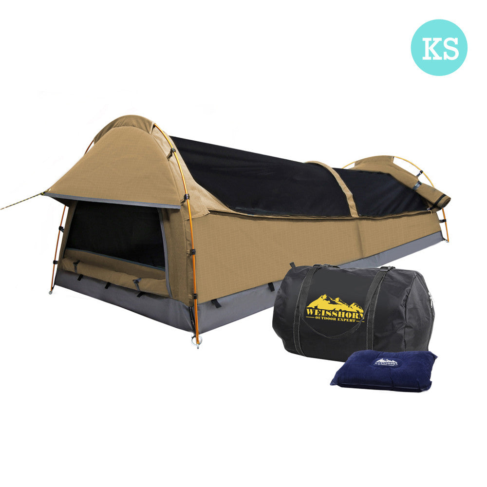 King Single Camping Canvas Swag Tent Beige with Air Pillow