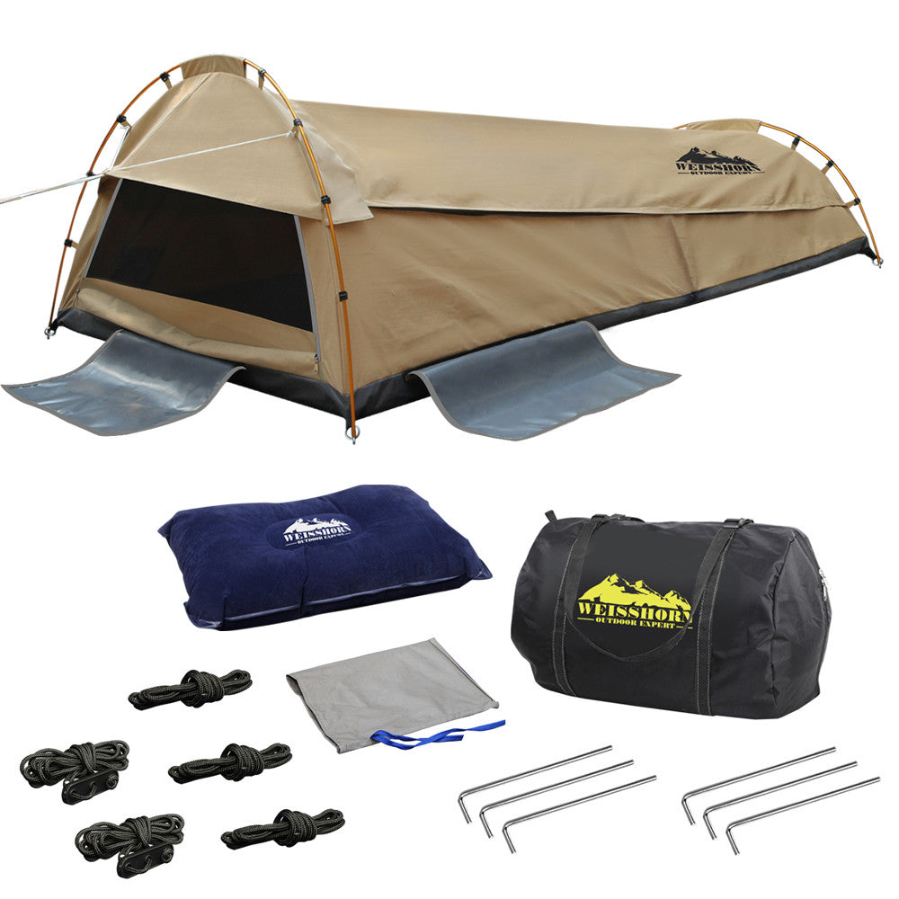 King Single Camping Canvas Swag Tent Beige with Air Pillow