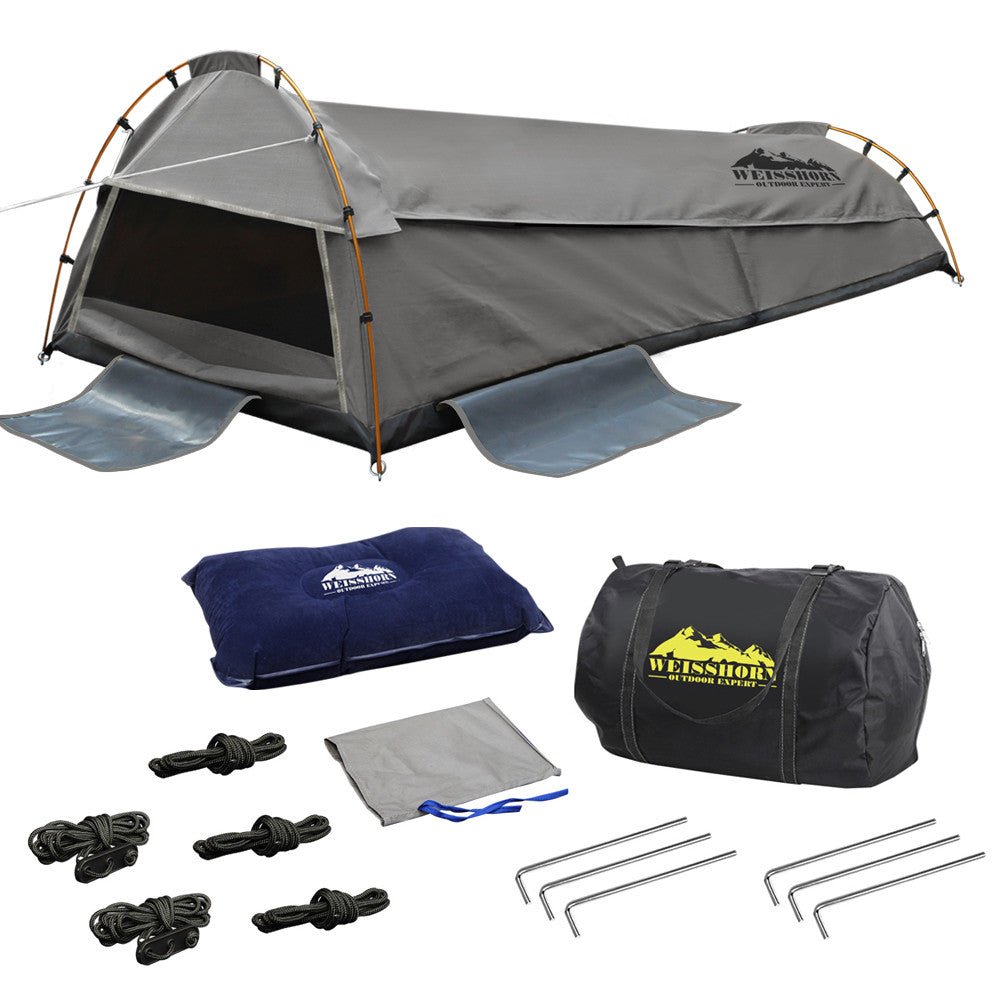 King Single Camping Canvas Swag Tent Grey with Air Pillow