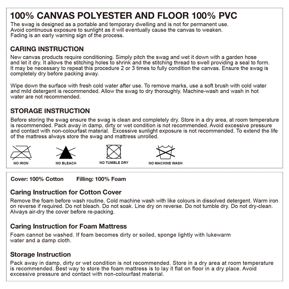 Weisshorn King Single Camping Canvas Swag