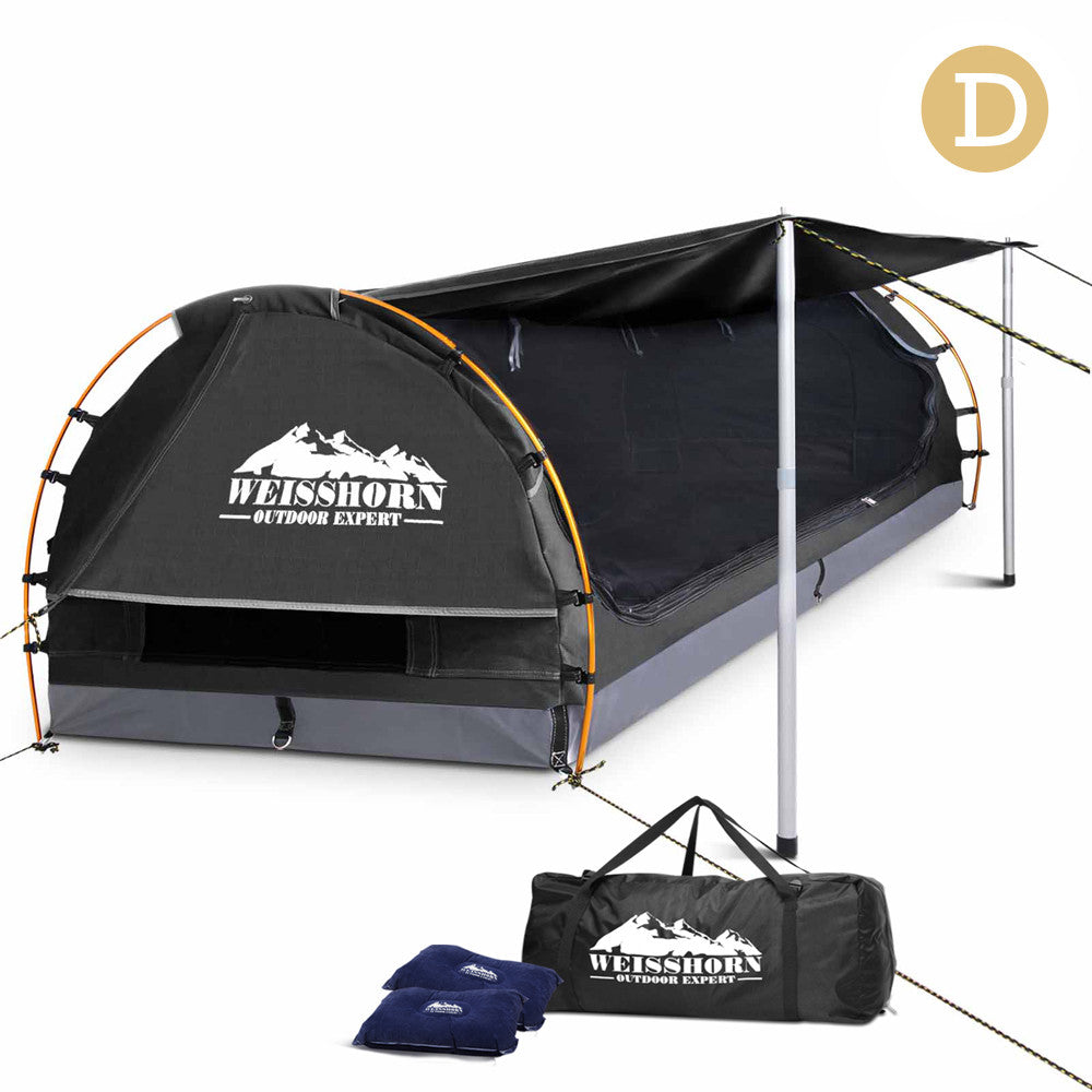 Double Camping Canvas Swag with Mattress and Air Pillow - Grey