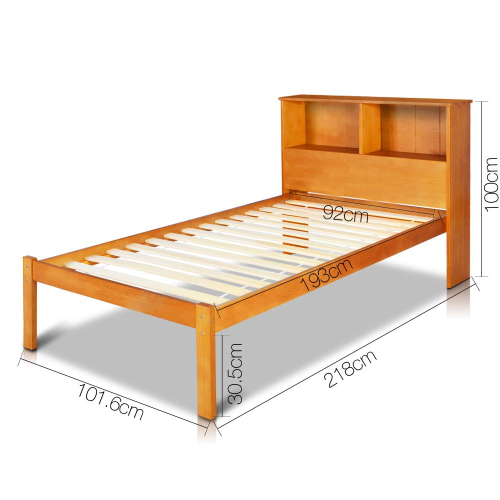 Singe Pine Wood Bed Frame with Storage Shelf