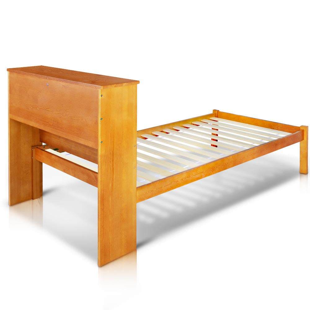 Singe Pine Wood Bed Frame with Storage Shelf