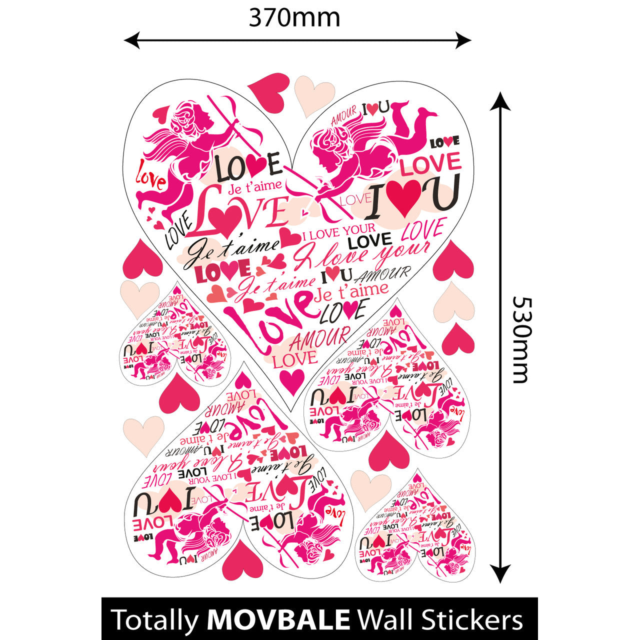Large Size Pink Cupid Love Hearts Wall Stickers - Totally Movable