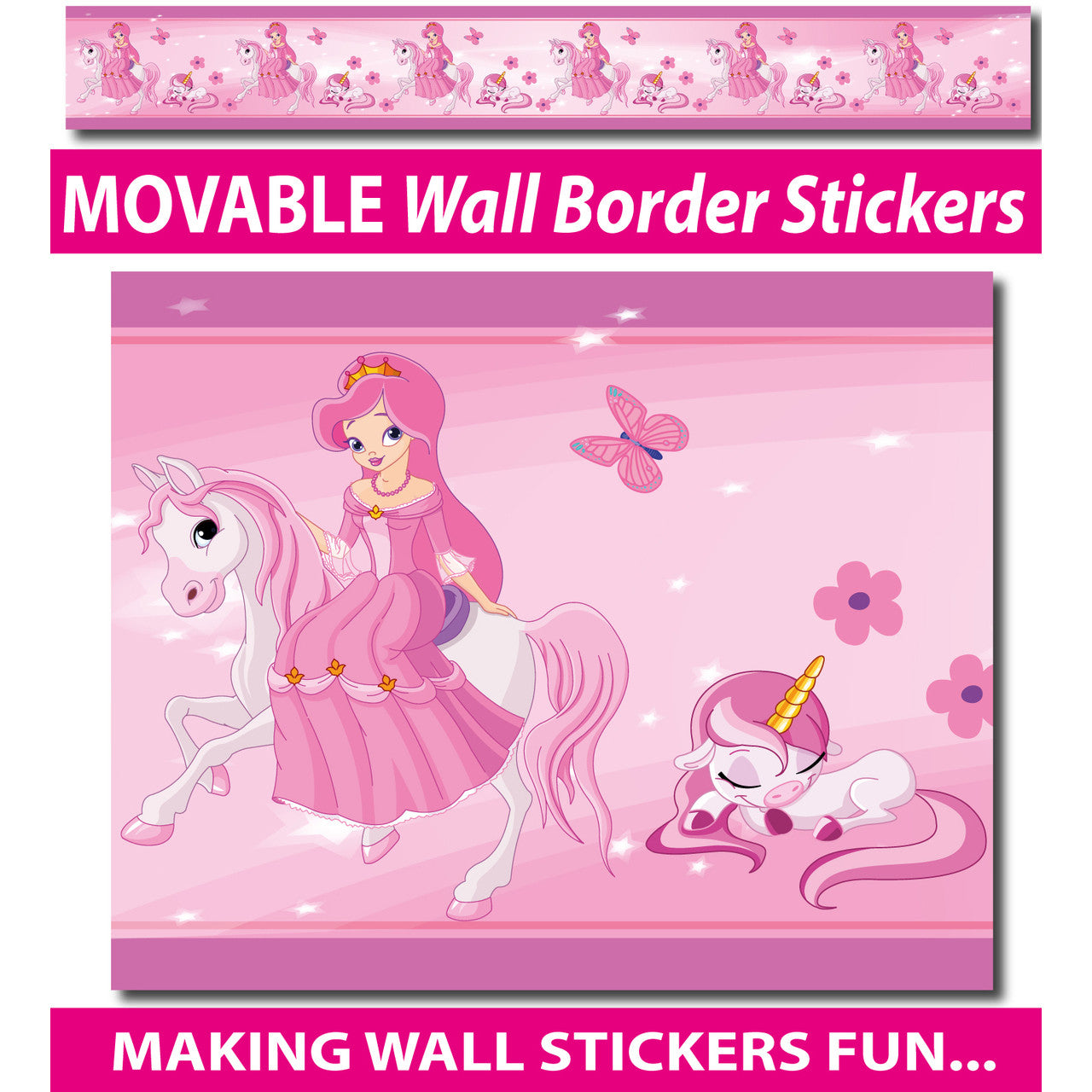 Princess and Unicorns Wall Border Stickers - Totally Movable