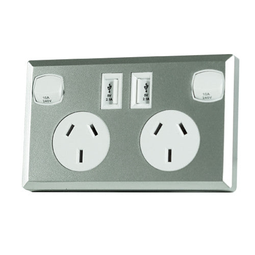 10A Double Australian USB Power Point Supply 2 Socket Switch Wall Plug Silver