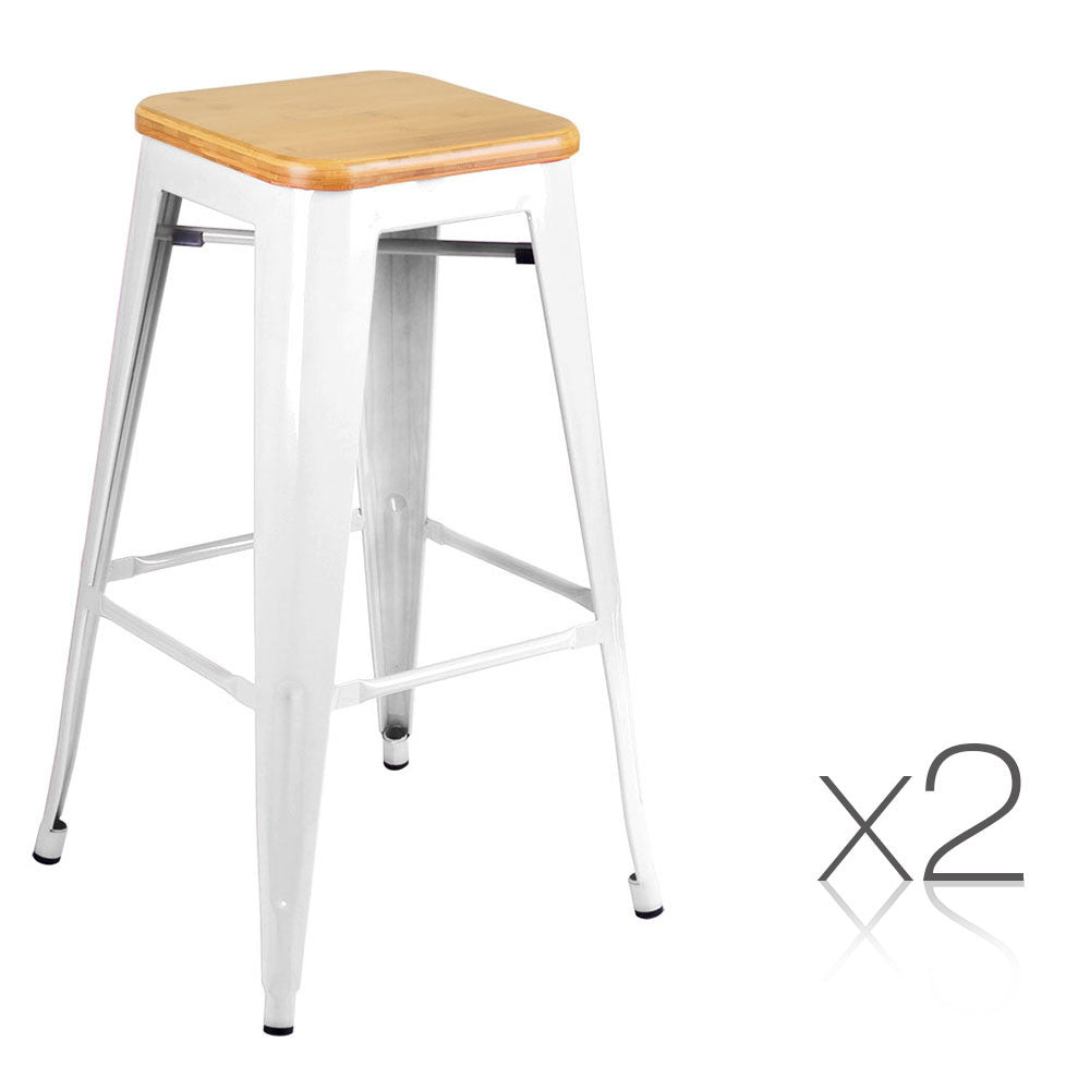 Set of 2 Tolix Replica Metal Steel Bamboo Seat Bar stool 76 cm White