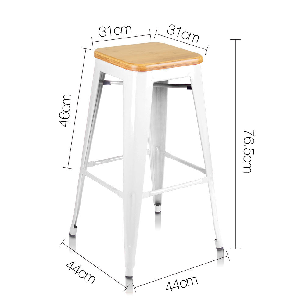 Set of 2 Tolix Replica Metal Steel Bamboo Seat Bar stool 76 cm White