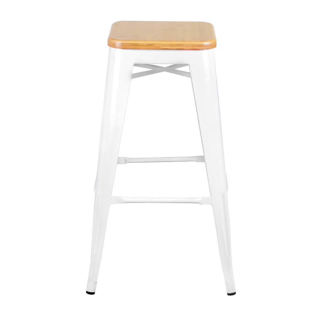 Set of 2 Tolix Replica Metal Steel Bamboo Seat Bar stool 76 cm White