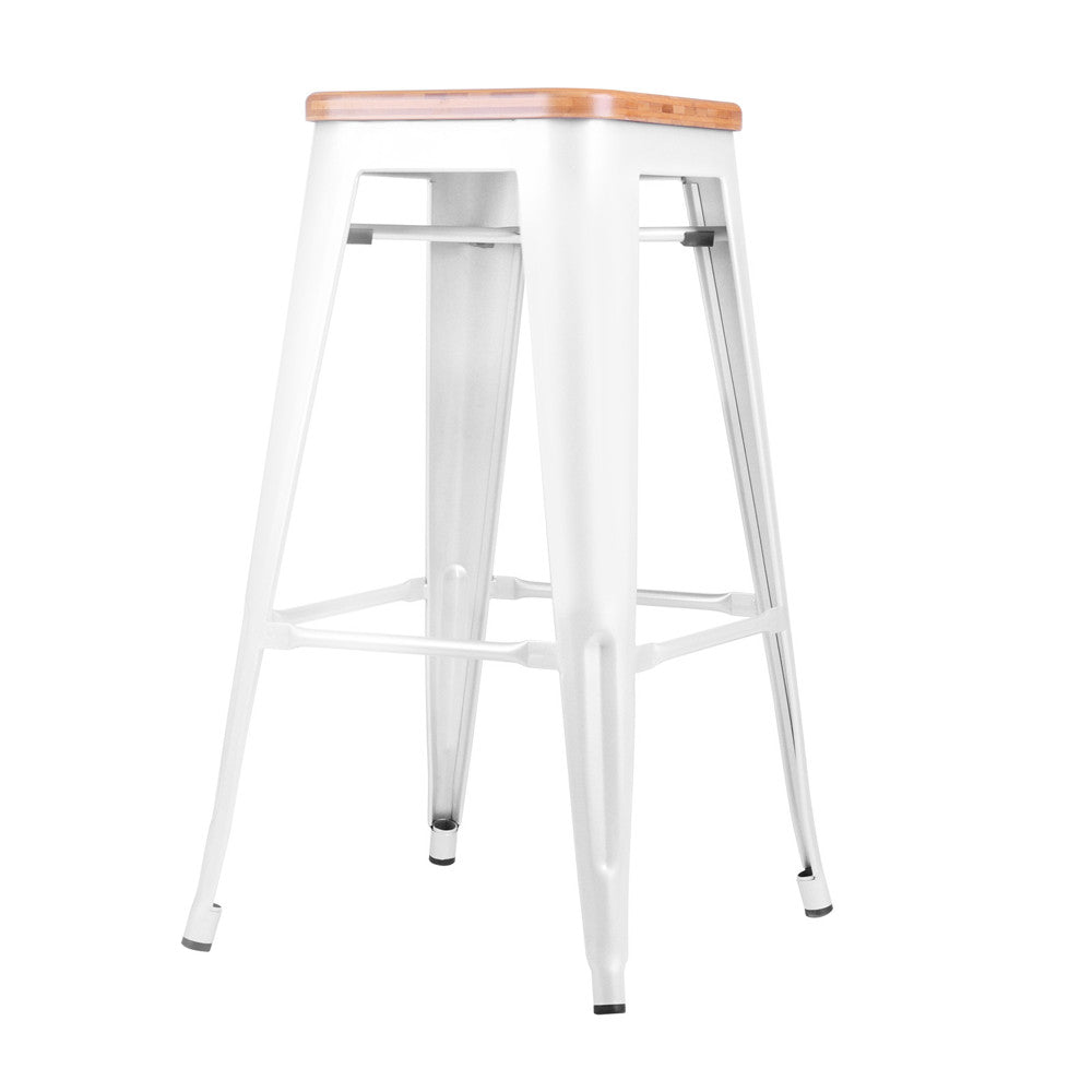 Set of 2 Tolix Replica Metal Steel Bamboo Seat Bar stool 76 cm White