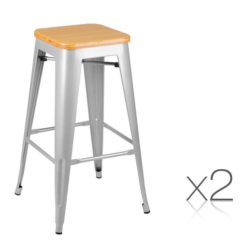 Set of 2 Replica Tolix Bar Stool Bamboo Seat 76cm Metal