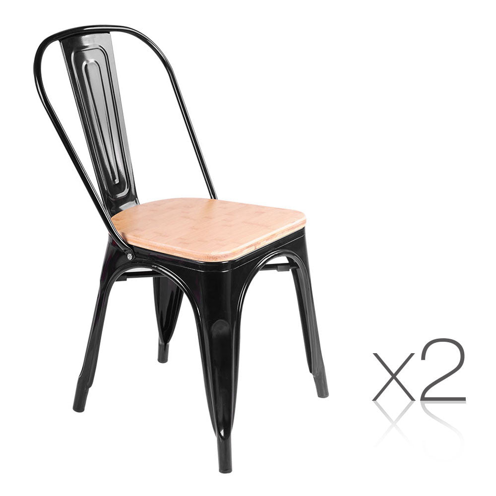 Set of 2 Replica Tolix Dining Metal Chair Bamboo Seat Gloss Black