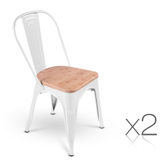 Set of 2 Replica Tolix Dining Metal Chair Bamboo Seat Gloss White