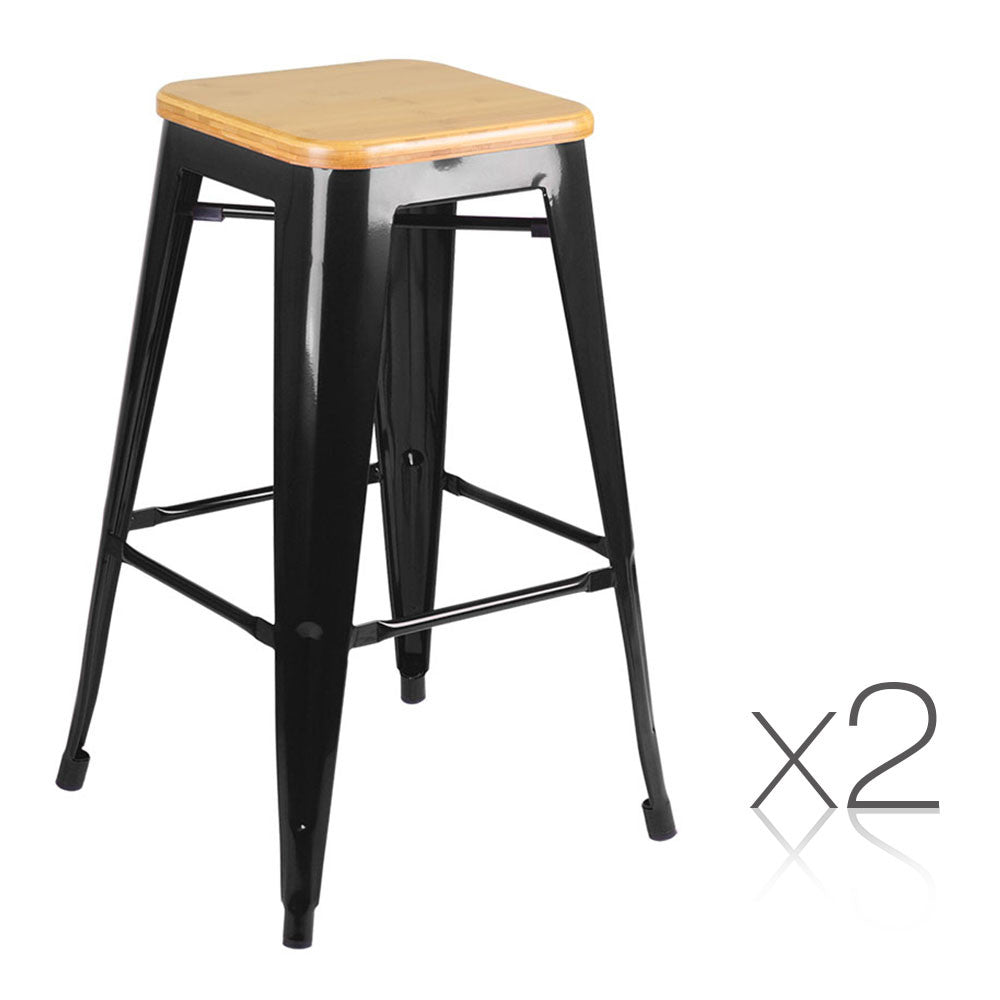 Set of 2 Replica Tolix Kitchen Bar Stool Bamboo Seat 66cm Black