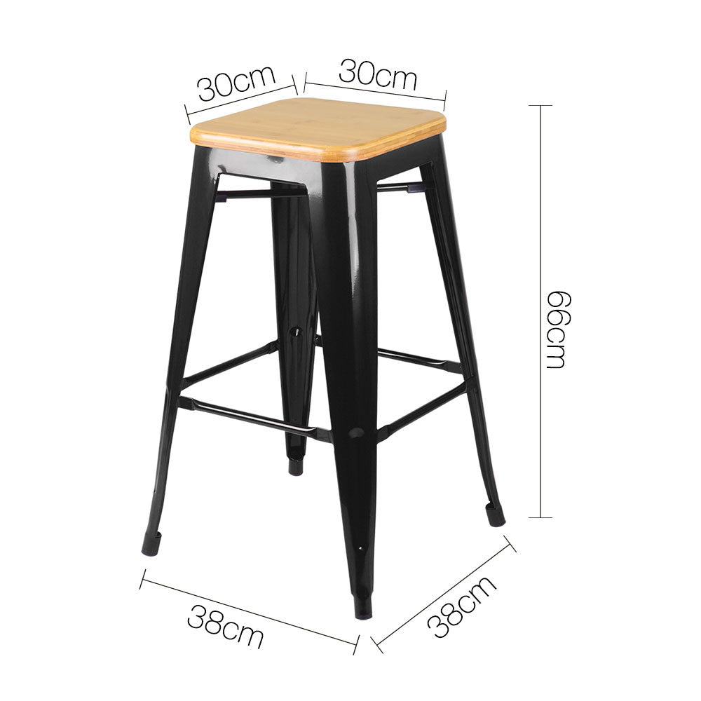 Set of 2 Replica Tolix Kitchen Bar Stool Bamboo Seat 66cm Black