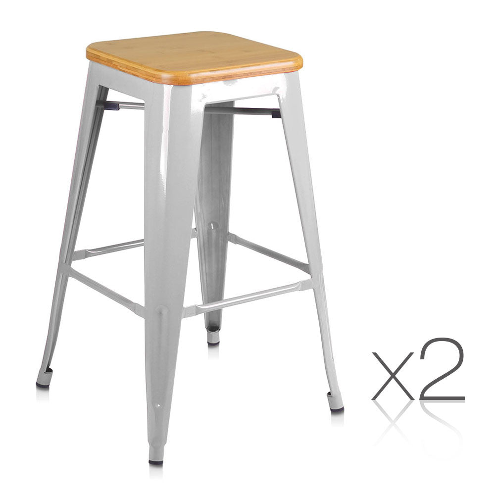 Set of 2 Replica Tolix Kitchen Bar Stool Bamboo Seat 66cm Metal