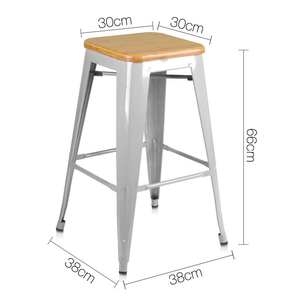 Set of 2 Replica Tolix Kitchen Bar Stool Bamboo Seat 66cm Metal