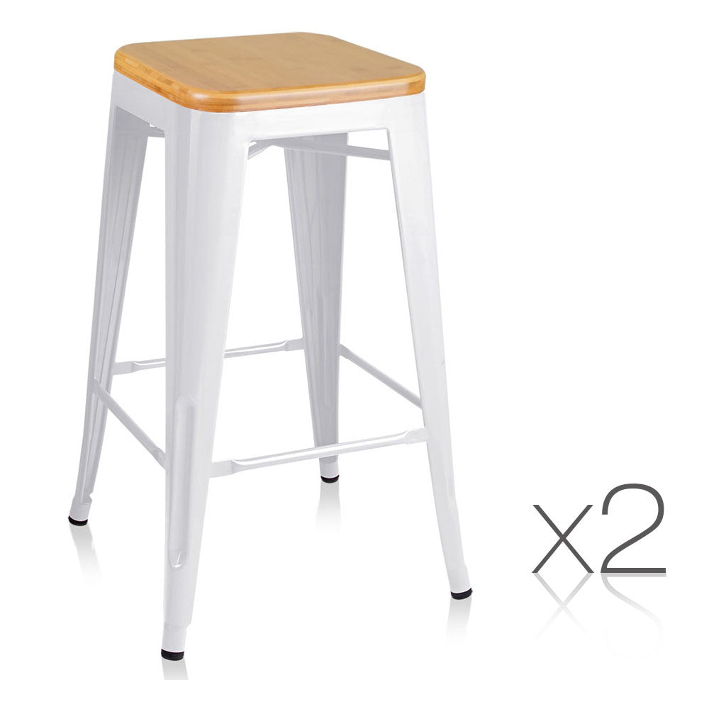 Set of 2 Replica Tolix Kitchen Bar Stool Bamboo Seat 66cm White