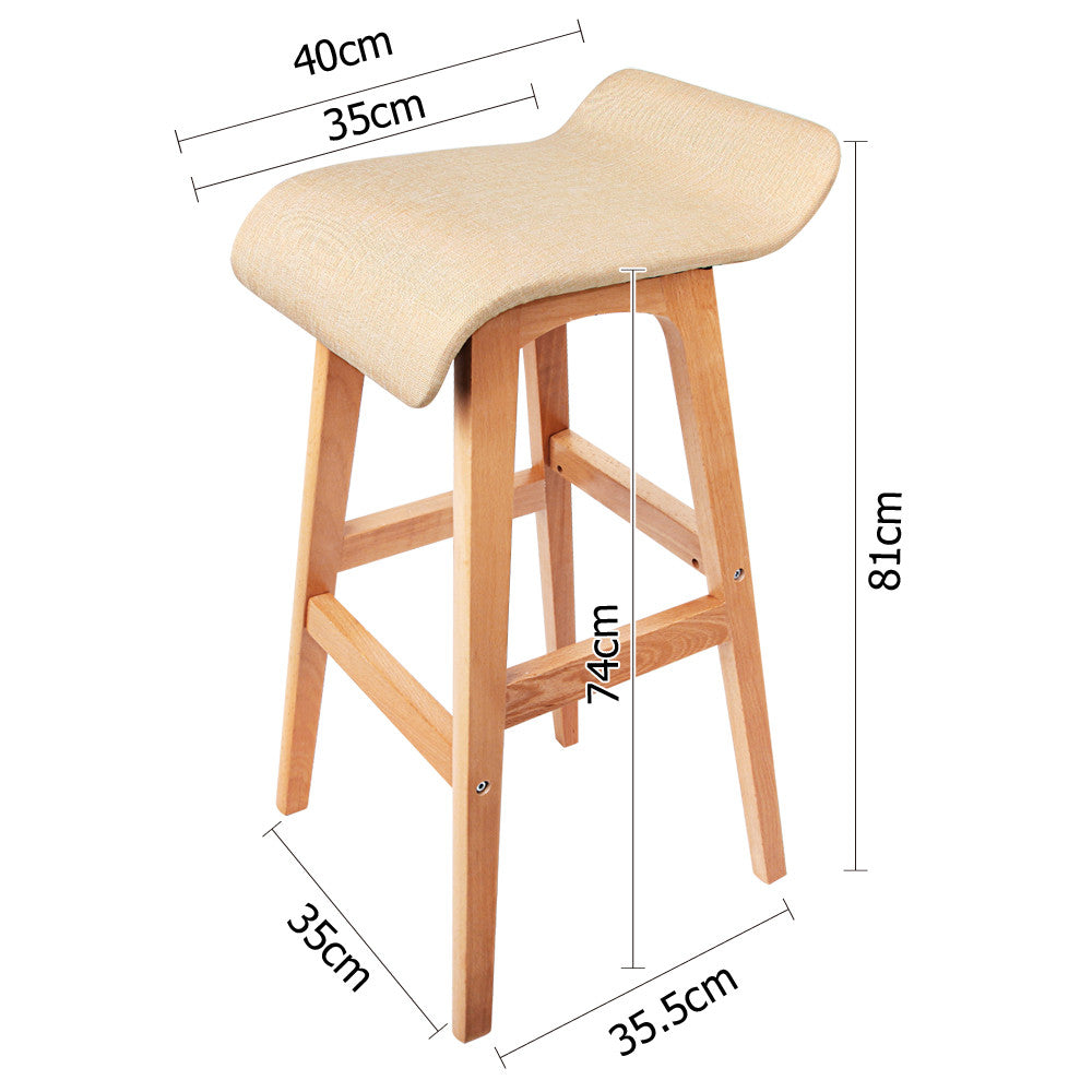 2 x Beech Wood Fabric Bar Stools - Beige